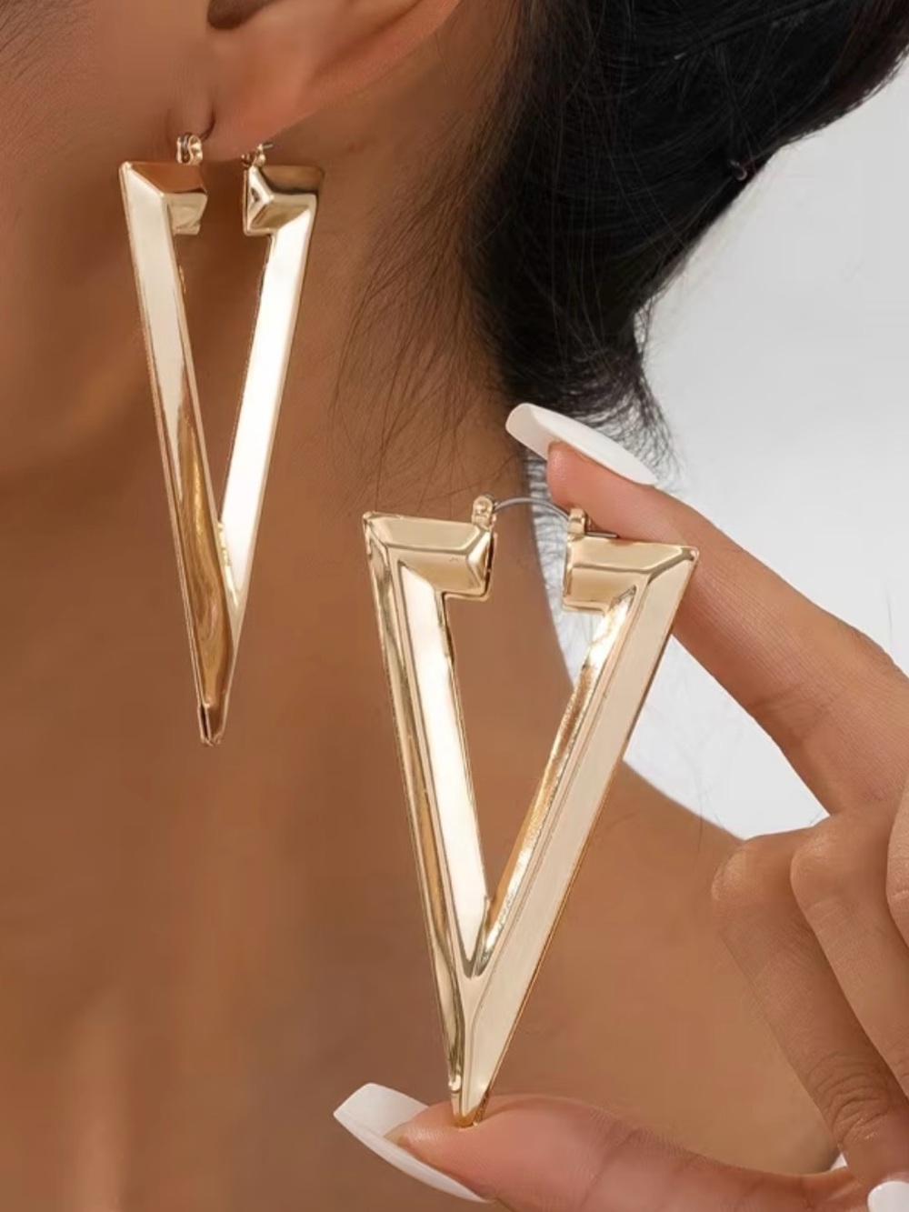 Gold V-Shaped Statement Earrings - Women Jewelry